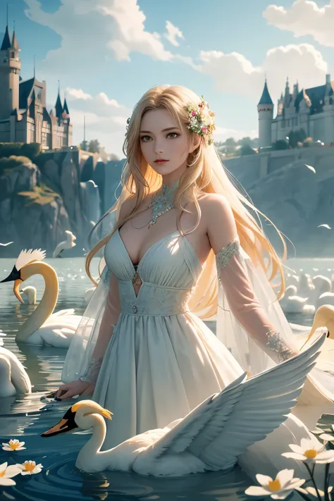 Flowers like castles from a golden spring tower over a beautiful Lady fare, in the spring of eternal youth she bathes her alabaster form to a symphony of trumpeter swans they fly in a sunbeam sky of assure and cotton cloud an extreme 90 meters long shot oc...