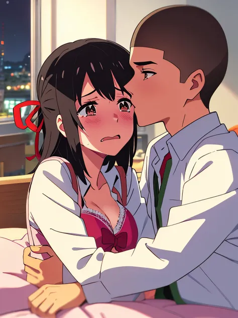 shinkai makoto, kimi no na wa., 1boy, buzzcut, white long sleeve school uniform, face to face, boy holding girls shoulders, kiss attempt, cheek licking cheek, 1girl, mitsuha miyamizu, open eyes, tears eyes, black hair, red ribbon, red headband, short hair,...