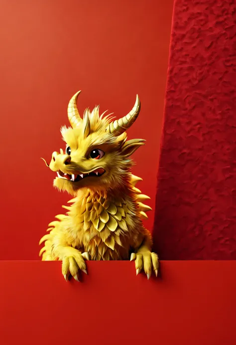 3d rendering, realistic fur, red wallpaper, Simple modern style,
A cute and naughty golden dragon is peeking behind the red wall playing hide and seek,
HD vertical screen mobile wallpaper,