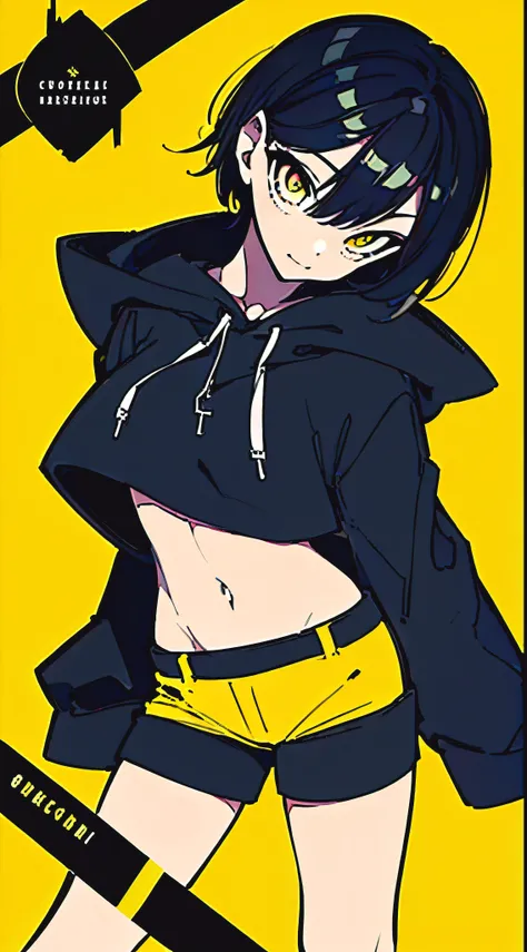 (masterpiece, highest quality:1.6), alone, thick outline, (simple background, Dark yellow background, monochrome, dark yellow theme:1.2), official art, Key Visual, 8K, confused, whole body, (Unique hair, oversized hoodie, hot pants, arch back, short torso:...