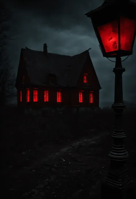 Spooky places, dark atmosphere, Pitch darkness, ghost town, creepy red streetlight, (masterpiece), (highest quality), (Ultra high detail)