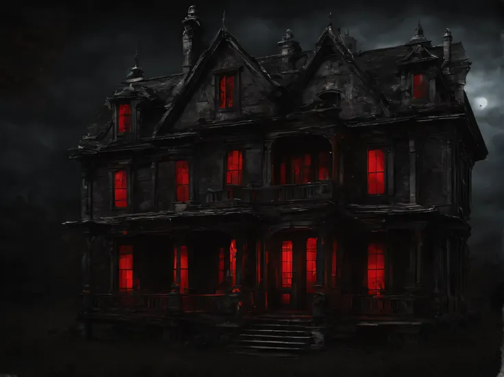 spooky places, dark atmosphere, pitch darkness, house with creepy red lights, (masterpiece), (highest quality), (ultra high deta...