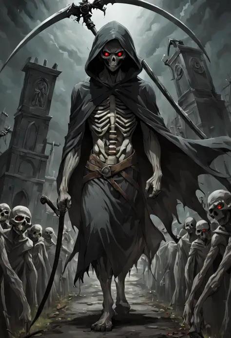 spooky places, dark atmosphere, complete darkness, cemetery, the strongest god of death, the scythe, hooded cloak, red eyed zomb...