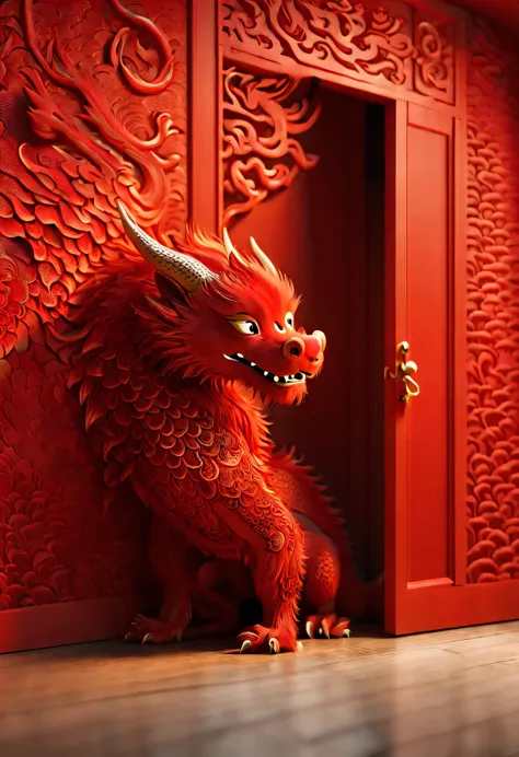 3d rendering, realistic fur, red wallpaper, Simple modern style, Beautiful wallpaper of naughty red and orange zodiac dragon baby peeking out from behind the door, Perform hidden dynamic actions. Beijing, 🦑  design,