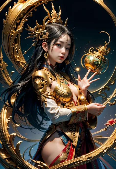 (highest quality, beautiful and aesthetic:1.2), (1 female), 日本のgod,benzaiten,Highly detailed natural gaze,(fractal art:1.3),five supple fingers,Well-balanced composition,best details, Composition of the golden ratio,Goddess,I have black hair and black eyes...