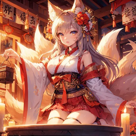 high quality,hd,16k,sharp line,1woman,fox woman ,cute face, large breasts ,nice legs,in shrine,focus girl,detailed beautiful face,detailed clothes,beautiful eyes,cool,dynamic angle