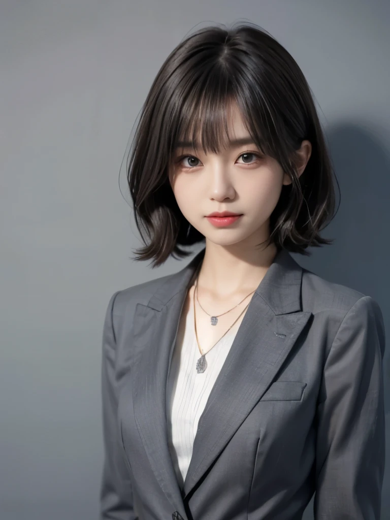 masterpiece, best quality, ultra detailed, 1girl, japanese, dark platinum hair color,short wavy hair, swept bangs, hair over one  eye, gray color office staff suit, dress shirt,pencil mini skirt, flat chest, slim body, half smile, dutch angle, simple neckl...