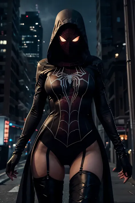 "As night settles on a City, spiders swirl in the dark skies, creating a living canvas above the dark alleys. a beautiful woman dressed is a very sexy transparent deep-low-cut spidergirl dress, shrouded in mystery, prepares to confront an imminent threat l...