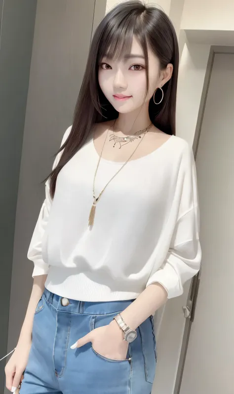 realistic,Super adopted,1 young beautiful korean girl, Distant gaze, ah,Hip-hop style clothing,Round young face,full accesories,necklace,big, clear and gentle eyes,long eyelashes,slim waist,light macup,neat teeth, Slightly Smiled. colored hair,  Upper body...