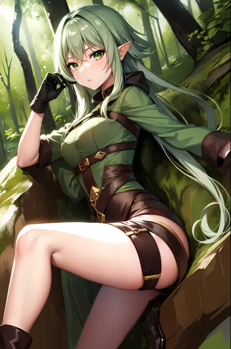 highelfarcher, high elf archer, elf, (green eyes:1.5), green hair, hair between eyes, long hair, pointy ears, side lock, break a...