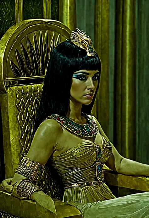 rainha cleopatra sentada de frente em um trono de luxo e ouro