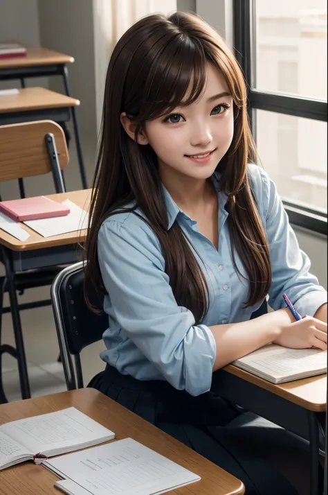 8K,女子高born,学born服,light brown hair,Scene during class,Photorealistic RAW photos of the highest quality。Super beautiful(lifelike face) Bright colors、perfect woman image,Trending at Art Station、masterpiece、8K resolution、character art,Super high resolution,,M...