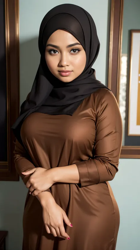 (Close Up),RAW, Best quality, high resolution, masterpiece: 1.3), realistis,beautiful Malay woman in hijab, Masterpiece,perfect fit body, big breasts, big eyes, beautiful face, Soft smile, thick thighs, Muslim woman in a light brown dress standing against ...