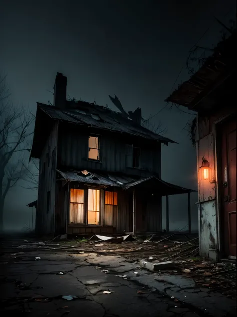 The eerie photograph captures a scene of unsettling stillness and darkness. In the foreground, an abandoned, dilapidated house stands, its windows broken and its paint peeling, revealing the decaying structure beneath. The overgrown vines that crawl up its...