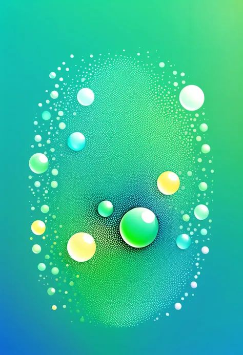 There are many small bubbles only in the center..,gradient white blue green, dusty color,half tone