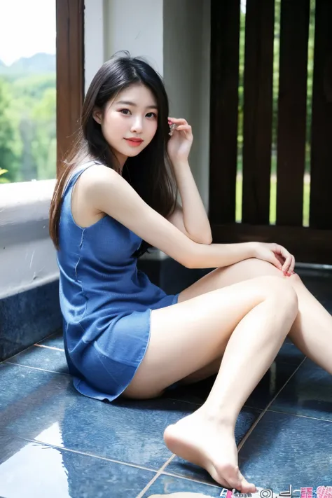 23 years old Beautiful chinese girl,  feet, beautiful feet, fine feet, wonderful toes with blue varnish, dress, sideview, 2 legs, 2 arms
