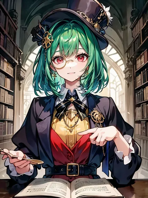 (((masterpiece、Highest image quality、highest quality、highly detailed unity 8kwallpaper)))、((Illustration of one girl、upper body))、(((beautiful girl)))、(librarian)、(Emerald green hair、messy hair、sidelocks:1.2、red eyes、crazy smile)、(((flat chest)))、(((monocl...