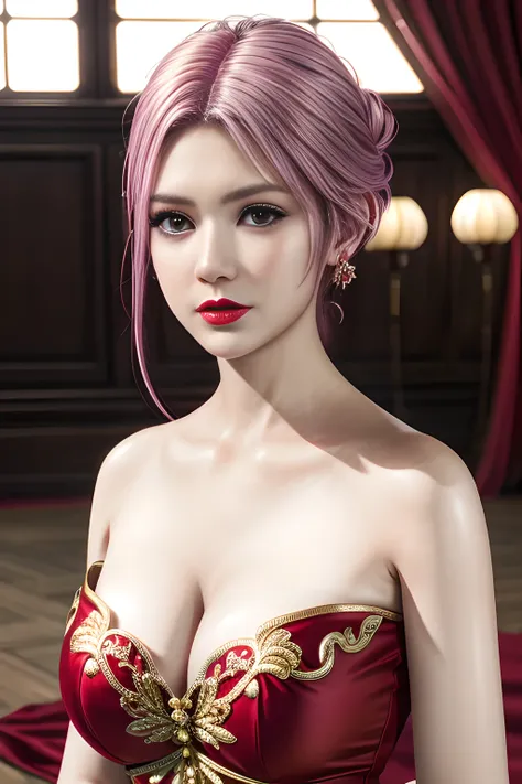 1 girl,Alice,wearing red clothes,long skirt, Su embroidery style:Chinese bridal dress, Wedding scene,jewelry,grace,(((red lips))), Lips slightly open,  clavicle,(huge breasts),((8k, original photo, top quality, masterpiece), HD RAW color photos professiona...