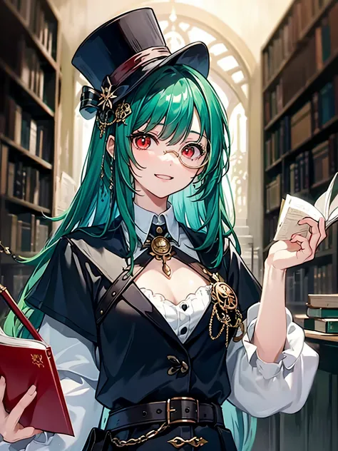 (((masterpiece、Highest image quality、highest quality、highly detailed unity 8kwallpaper)))、((Illustration of one girl、upper body))、(((beautiful girl)))、(librarian)、(Emerald green hair、messy hair、sidelocks:1.2、red eyes、crazy smile)、(((flat chest)))、(((monocl...