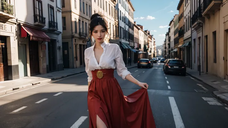 Roman noblewoman is walking to the ancient Rome street, the wind blows white toga, and the woman is looking into the camera