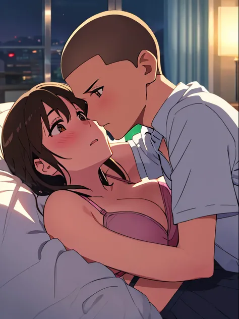 1boy, buzzcut, school uniform, face to face, cheek kissing, buzzcut boy hug girl breast, boob hug, 1girl, mitsuha miyamizu, open mouth, black hair, short hair, blush, brown eyes, nude, light pink bra, cleavage, medium breast, buzzcut boy hug girl breast, b...