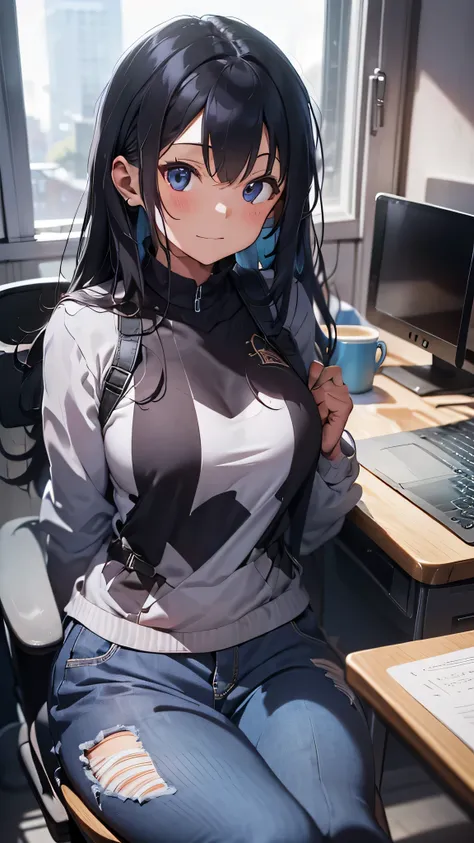 最high quality、best image quality、masterpiece、teenage girl((18-year-old、 By becoming、vest bust、medium bust,wide open breast tea、black eye, gray hair、long hair、thin,highest valley、Black Y-shirt、Black Recruit Suit,Have a document、look forward、sit on a chair、t...