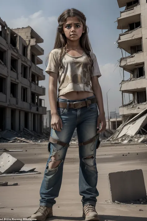 (RAW style, masterpiece, best quality, ultra-detailed), young girl, age 13, amongst war devastation, ruined buildings, profound sadness, large eyes filled with tears, long brown hair, natural beauty contrast, tragic scene, innocent carrying burdens, resili...