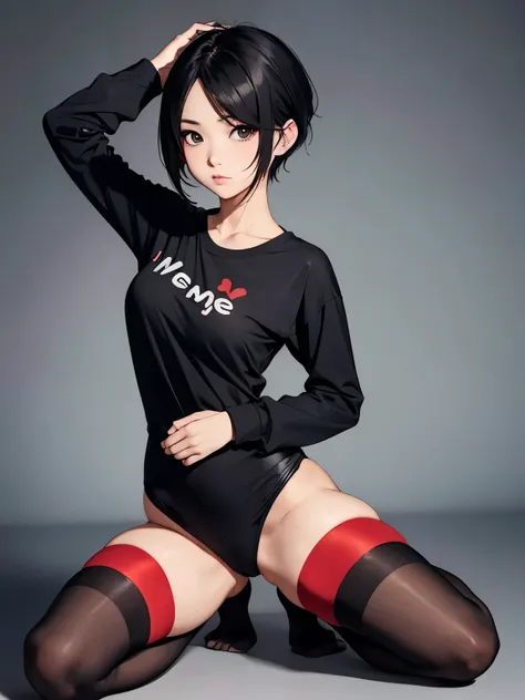 show entire body, photo image, Asian female, with a pixie hairstyle. Wearing a long tight black shirt with the words on it say (hug me). With red tights and no shoes