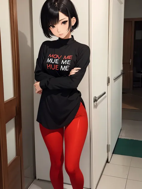 show entire body, photo image, Asian female, with a pixie hairstyle. Wearing a long tight black shirt with the words on it say (hug me). With red tights and no shoes