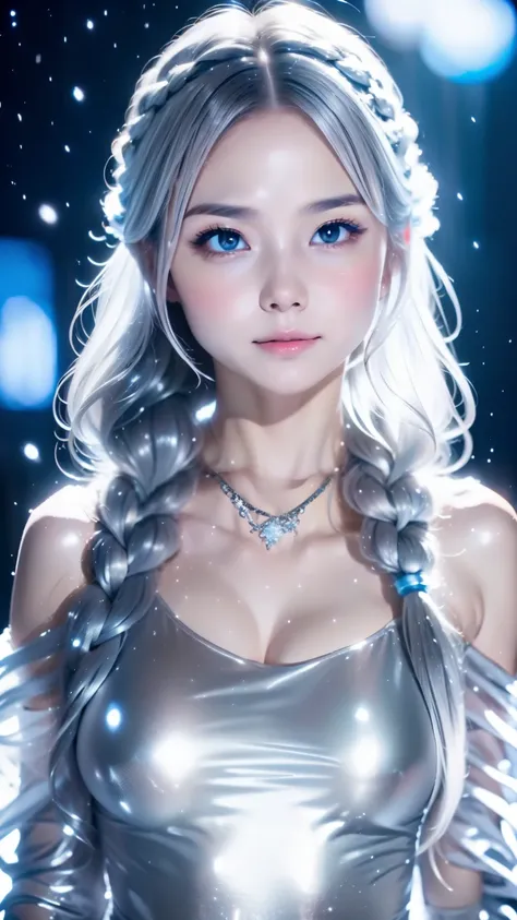 girl,(snow,ice), Snowflower, In winter, gray hair, shiny hair, wavy hair, transparent clothes, frills, race, wet clothes, off_shoulder, hair scrunchie,masterpiece, telescope lens, absurd, exquisite features