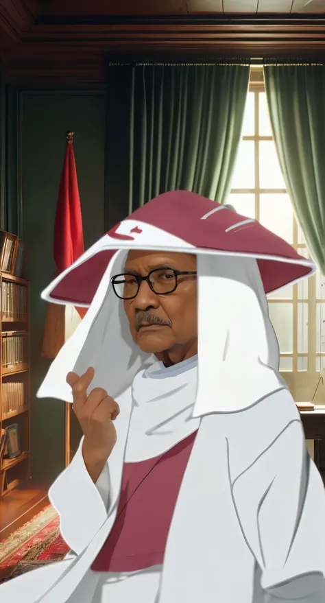 Real life adaption of this character, old man,wear realistic same outfit, wear same glasses, realistic same background,realism, hyper realistic, realistic light, realistic shadow,(photorealistic 1:2),same red hat