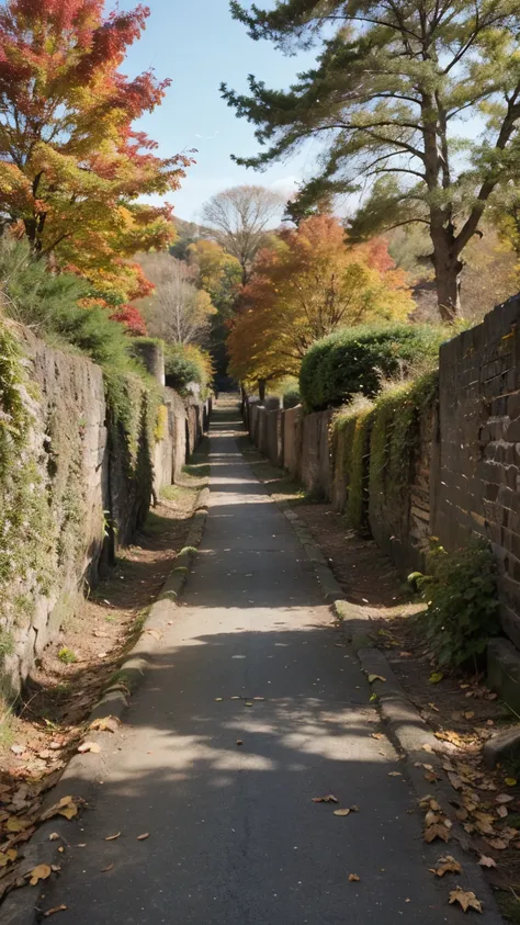 ((best quality)), ((masterpiece)), (detailed), lifestyle photo centered view medium-full photo of leaf covered path in autumn, bright sunny midday daylight