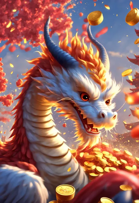 Chinese illustration:Lovely,Oriental dragon portrait,big furry head,hairy body,color。Many gold coins burst out from firecrackers,Red and gold confetti flying in the sky,Gold coin rain,A strong festive atmosphere,It was very lively。
