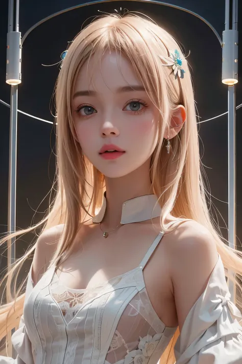 Portrait of a stunningly beautiful slender girl with a naive and innocent expression, sporting a shaggy haircut with melting ends, colored in a captivating [blonde | pink | pink] hue. The girl is positioned in front of a futuristic sci-fi white lab, adorne...