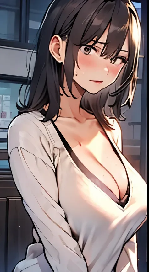 walk around town、boredom、milf, beautiful woman、((sweat,steam, Vulgarity)), white long sweater dress、big cleavage、Sticky clothes、full shot, long hair、Makeup、Pink shiny lipstick、long shot, Beautiful depiction、detailed person、detailed background、Ultra High De...