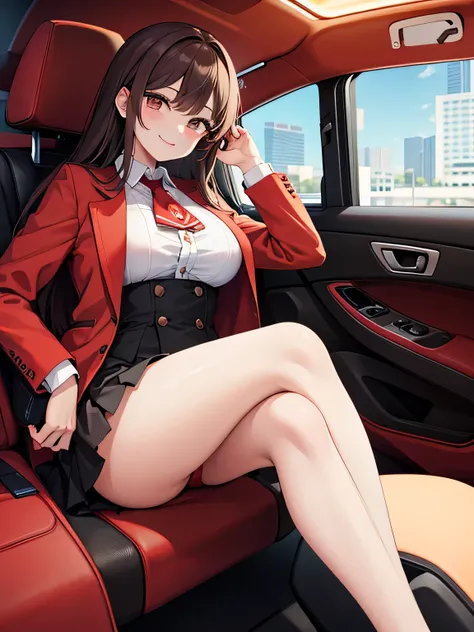 (1) A woman is getting out of the driver&#39;s seat of a red luxury sports car.. from a sitting position, she opens the door and puts one foot out. when she does, her red panties are almost visible.
(2) That woman has long brown hair..
(3) That woman is th...