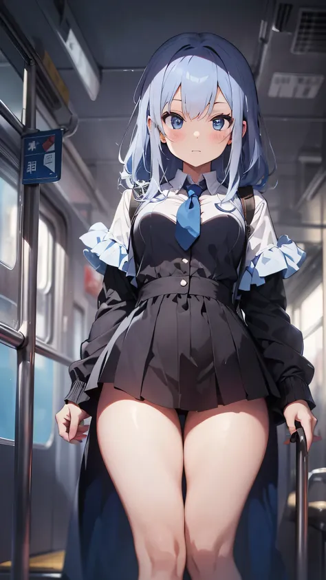 最high quality、best image quality、masterpiece、teenage girl((18-year-old、 By becoming、vest bust、medium bust,wide open breast tea、black eye, gray hair、long hair、thin,highest valley、black shirt、blue cloak、red pants)),high quality、beautiful art、background((in t...