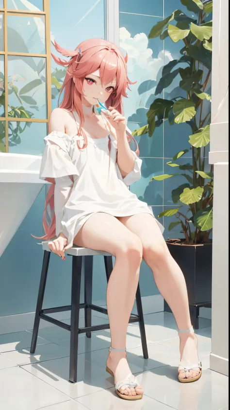 Anime girl sitting on stool brushing teeth in bathroom,(((red eyes:1.3))),Complex eyes,beautiful and delicate eyes,Symmetrical eyes guweiz style artwork, guweiz, Beautiful squatting anime girl, guweiz on pixiv artstation, cute anime girl, squatting anime g...