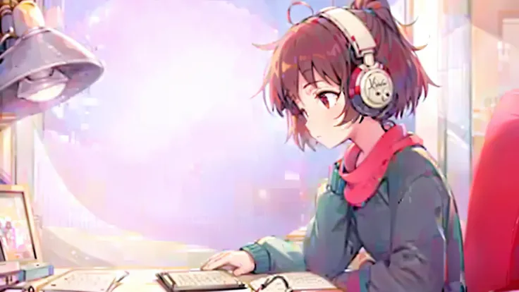 Anime character sitting at a desk with headphones on and a laptop, praise girl, praise artstyle, praise feel, praise hip hop, praise, praise art, chillhop, i will fix it, praise vibe, praise vibes, chihiro! fujisaki, lo-fi art, praise colors, in style of a...