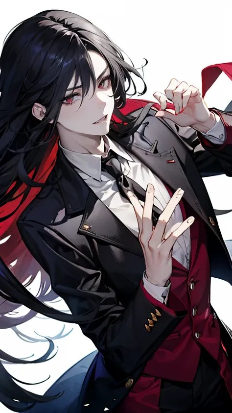 (best quality), 1man，Masculinity，One with long black hair，red eyes，vampire，Open your mouth to show your fangs，Gorgeous dark atmosphere, Wear a black suit，late night