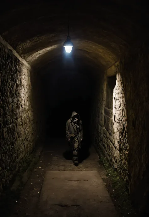 Deep within the Paris catacombs, a lone explorer navigates the shadowy tunnels, interacting with the haunting remnants of the past, dark and sinister lighting, Their posture is tense and cautious, reflecting the eerie atmosphere of the underground labyrint...