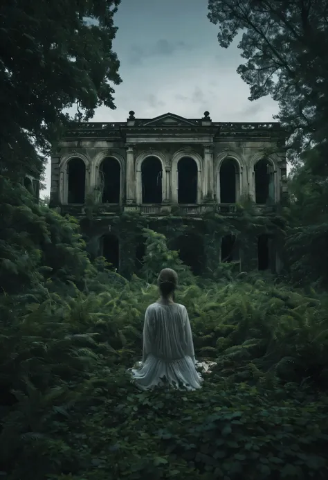 Amidst the overgrown ruins of an abandoned mansion, a solitary figure stands in an expressive pose, gazing at the decrepit surroundings with a mix of trepidation and fascination. The dynamic structure captures the haunting essence of the scene, as the figu...