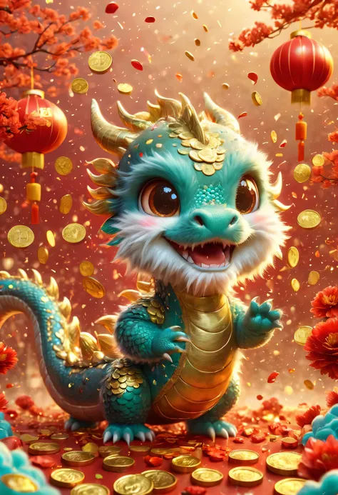 Chinese Lunar New Year has arrived,baby oriental dragon,cyan furry body,Warm,Many gold coins burst out from firecrackers,Red and gold confetti flying in the sky,Gold coin rain,A strong festive atmosphere,It was very lively。