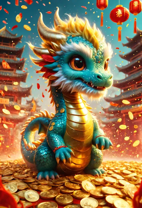Chinese Lunar New Year has arrived,baby oriental dragon,cyan furry body,Warm,Many gold coins burst out from firecrackers,Red and gold confetti flying in the sky,(Gold coin rain),A strong festive atmosphere,It was very lively。