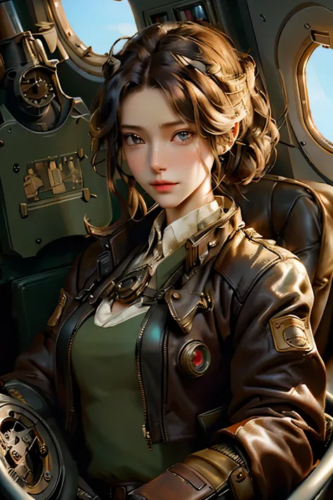 A medium-chest female pilot, (photorealistic:1.2), with a wronged expression, stars as the subject of an 8k, raw color pro photo. She is depicted in a close-up, sitting in the cockpit of a vintage steampunk airplane. Wearing a brass-embossed leather jacket...