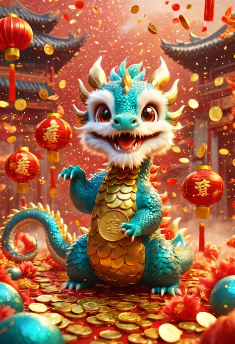 chinese lunar new year has arrived，baby oriental dragon，cyan furry body，warm，many gold coins burst out from firecrackers，red and...