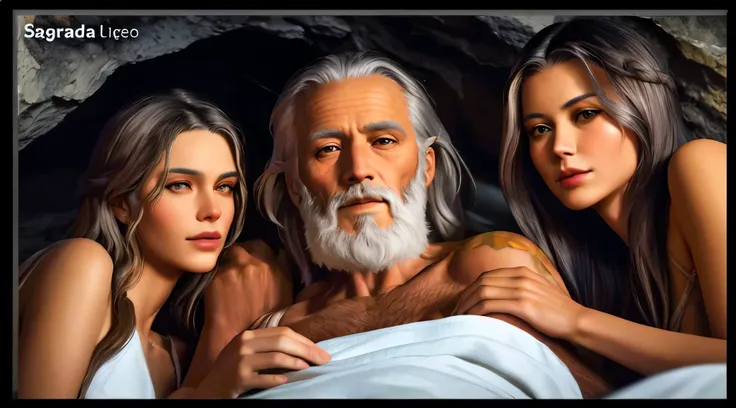 trimmed man with beard and three women in bed, ultra pintura digital realista, pintura digital do mito grego, hyper pintura digi...