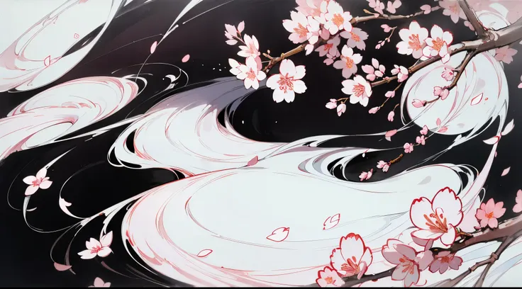 plum blossoms, sakura, meihua, mei, biology, abstract, flowing, ink splatter, ink, black and white illustration, sketch, highly detailed, high quality, masterpiece, inky, line art, strong line art, flowing, beautiful, picturesque