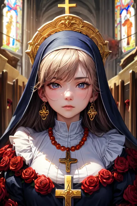 ((best quality)), ((masterpiece)), (detailed), perfect face, bloody, clock, good, holy symbol, church, cross, woman, Create a portrait image for a character named Monk who is good in a game called Blood on the Clock. The character is a townsfolk character....