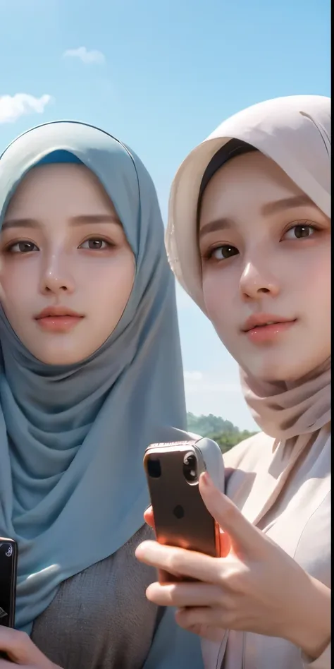 masutepiece, Best Quality, Illustration, Ultra-detailed, finely detail, hight resolution, 8K Wallpaper, Perfect dynamic composition, Multiple people,hijab nude, (3 girls taking photos), Girls holding smartphone cameras, Beautiful detailed eyes, Natural Lip...